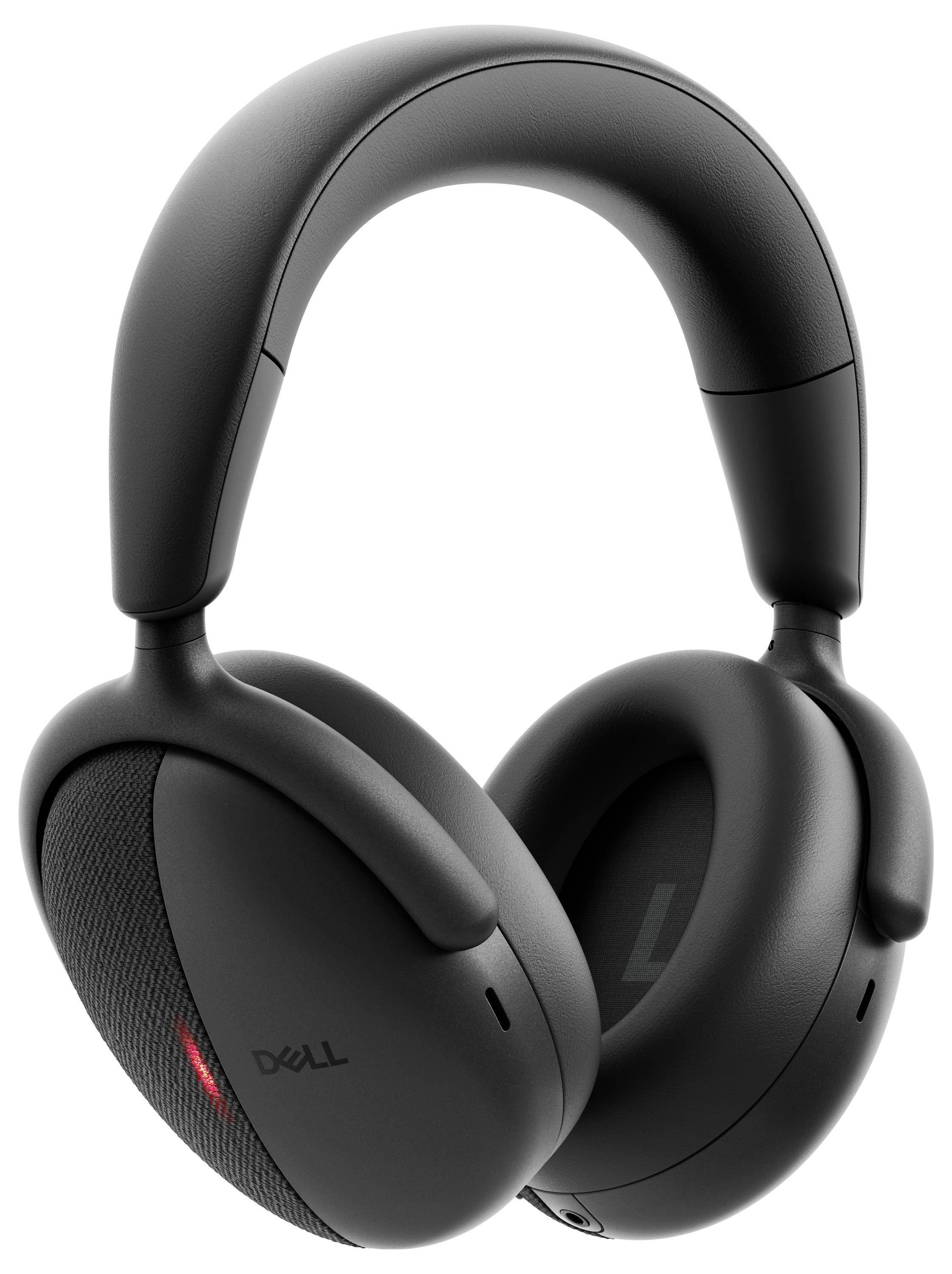 Ein Paar schwarzer Over-Ear-Kopfhörer mit elegantem Design, auf dessen Ohrmuscheln das Dell-Logo zu sehen ist, vor einem weißen Hintergrund präsentiert.