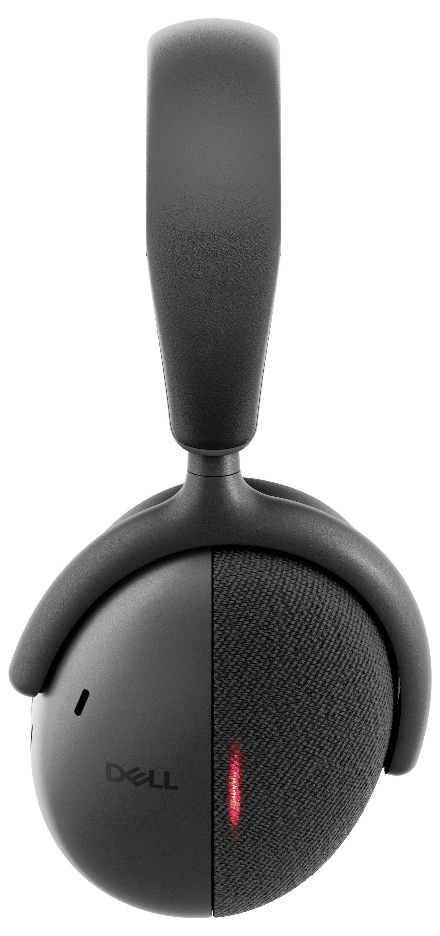 Eine schwarze Dell Over-Ear-Kopfhörer mit Stoffoberfläche, von der Seite betrachtet. Ein rotes LED-Licht ist auf der Ohrmuschel sichtbar.