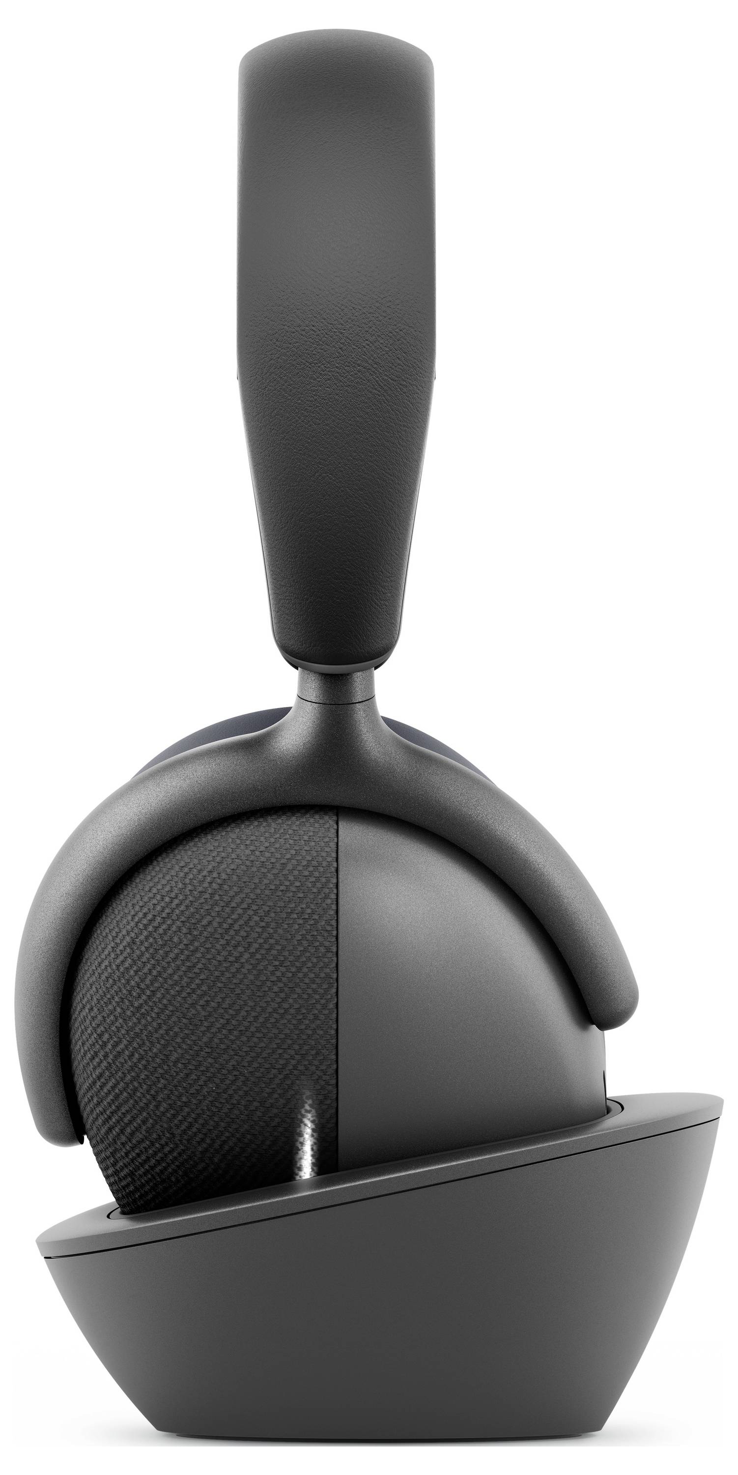 Schwarze Over-Ear-Kopfhörer, Seitenansicht, mit einem eleganten, modernen Design. Die Ohrmuscheln und der Kopfbügel weisen eine glatte Oberfläche und eine ergonomische Form auf.
