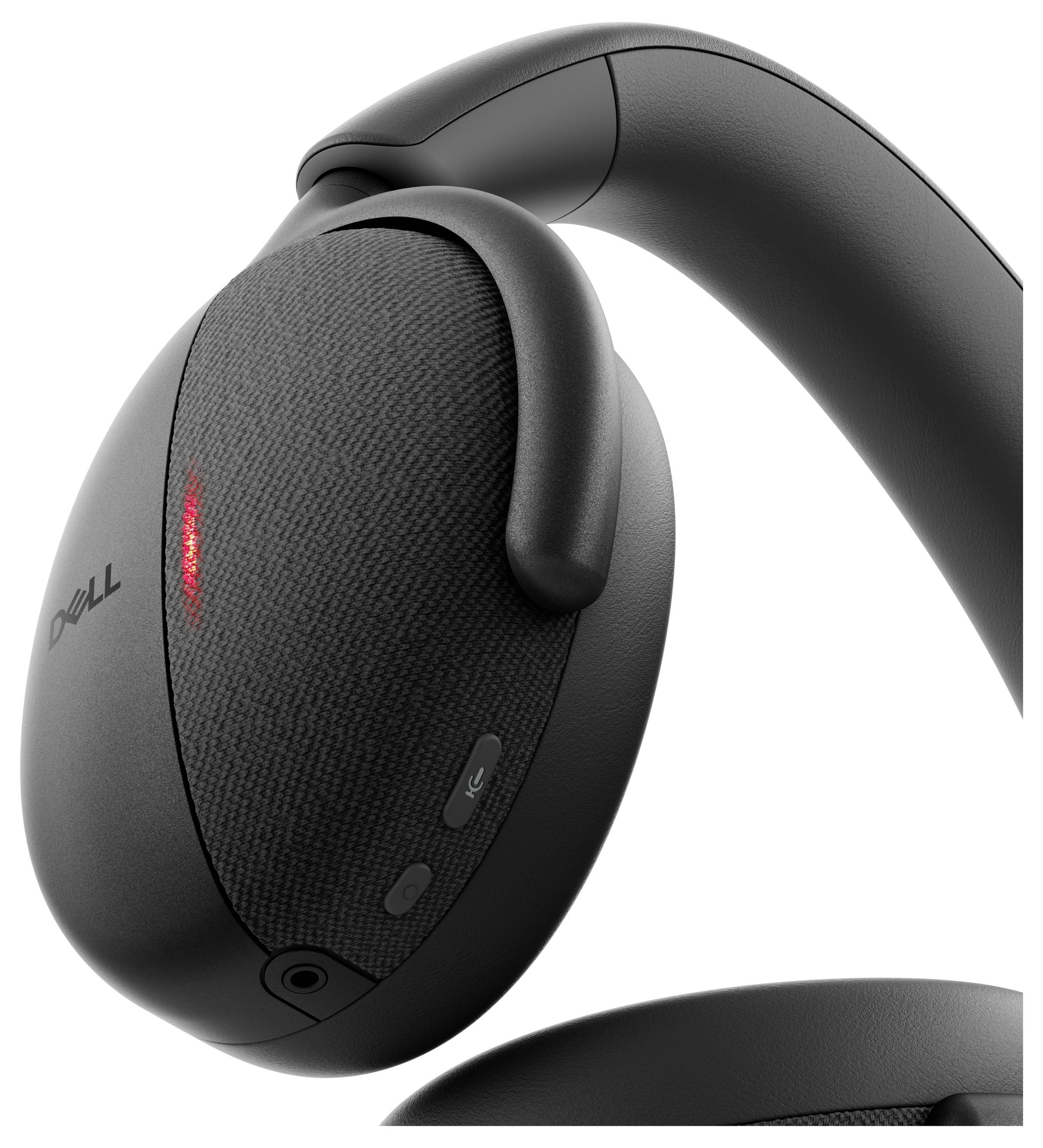 Ein Paar schwarzer Over-Ear-Kopfhörer mit sichtbarer roter LED-Anzeige an der Seite, ausgestattet mit einer Mikrofonschaltfläche und Lautstärkeregelung.