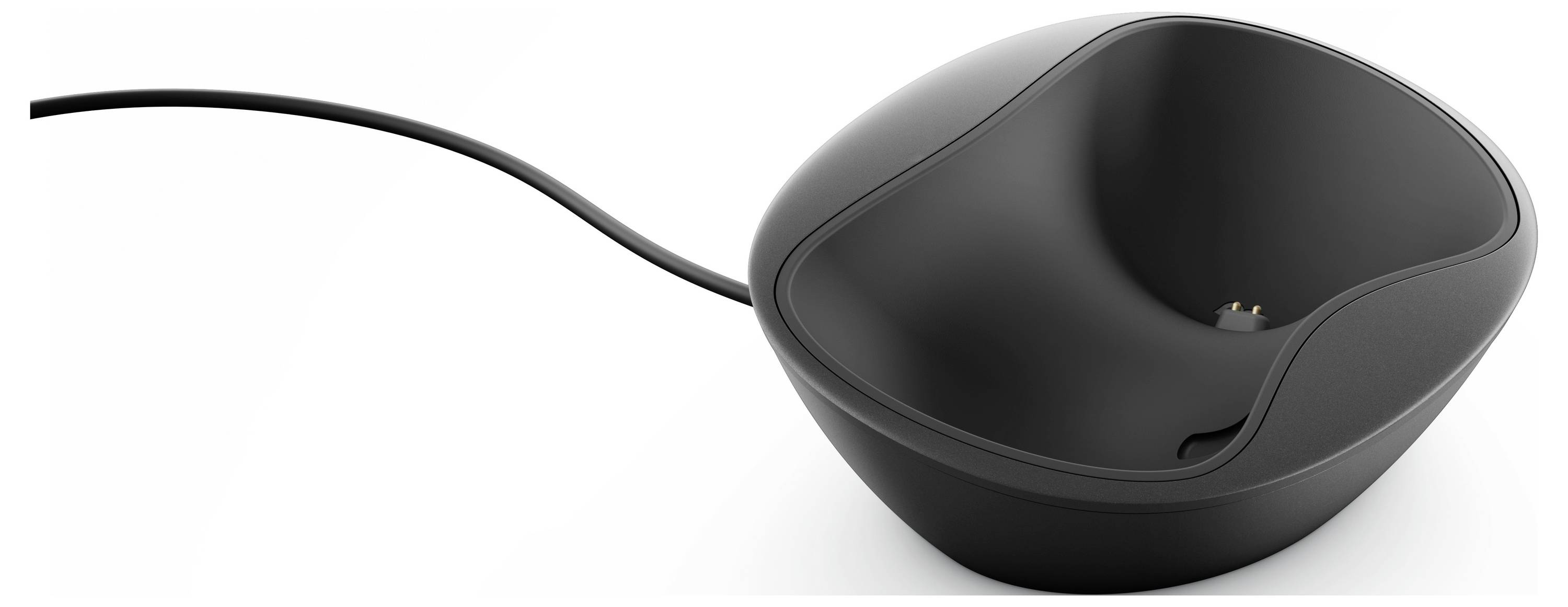 Eine schwarze Ladestation mit einem Kabel, die ein glattes, schalenförmiges Design aufweist und wahrscheinlich zum Aufladen kleiner elektronischer Geräte verwendet wird.
