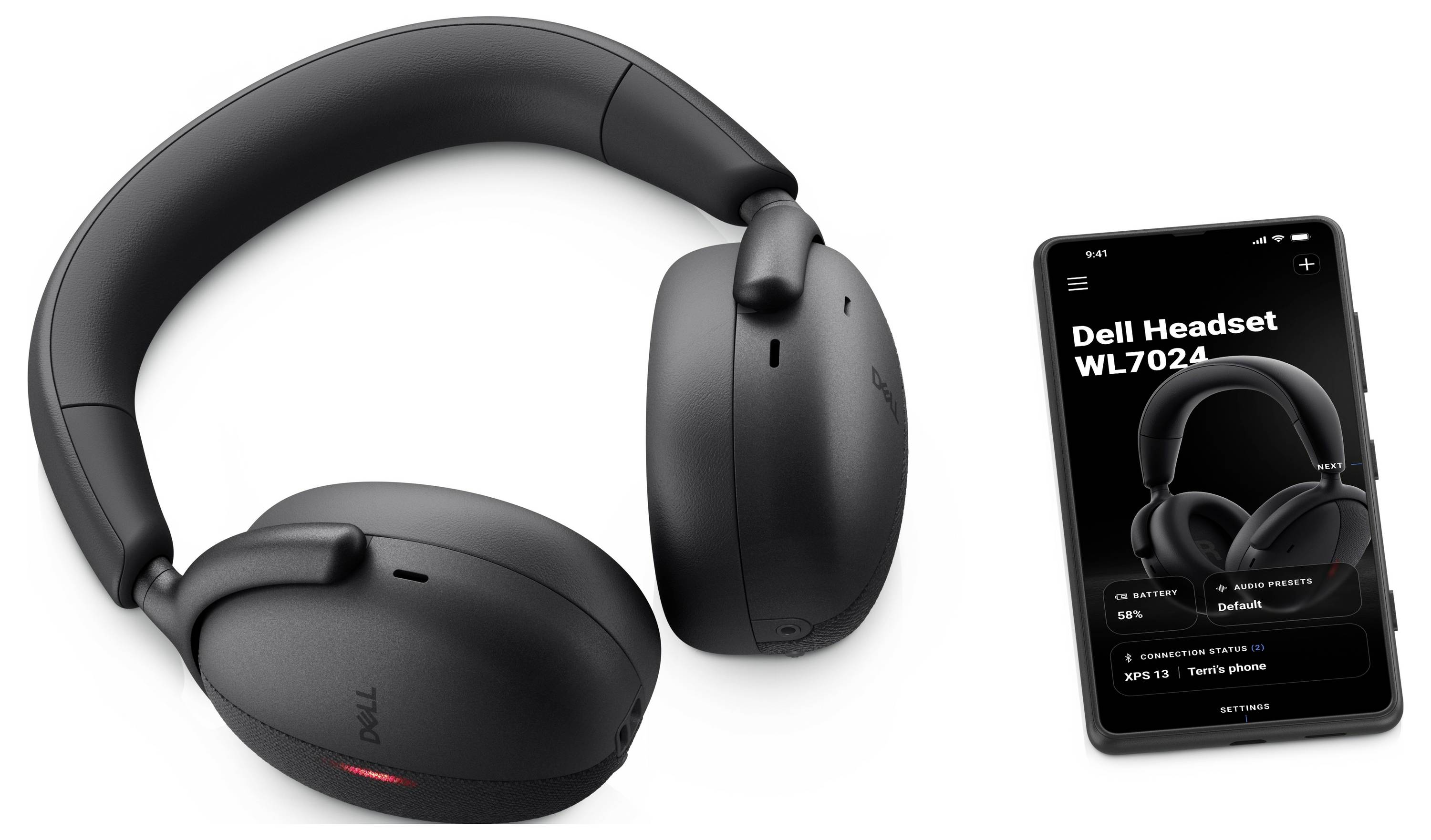 Ein Paar schwarzer drahtloser Kopfhörer wird neben einem Smartphone-Bildschirm präsentiert, der den Text "Dell Headset WL7024" mit Statusdetails zeigt.