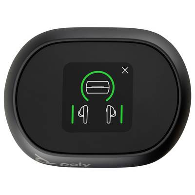 Eine schwarze ovale Ladehülle zeigt ein digitales Display mit einem grünen Ladeicon für Ohrhörer. Das Display enthält Icons von Ohrhörern und einer Batterie.