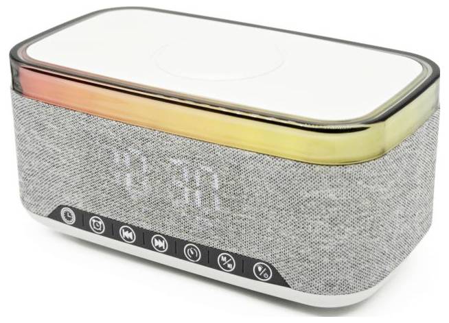 Ein rechteckiger intelligenter Lautsprecher mit einer digitalen Uhrenanzeige auf der Vorderseite, Steuerungstasten darunter und einem weich leuchtenden Lichtrand an der Oberseite.