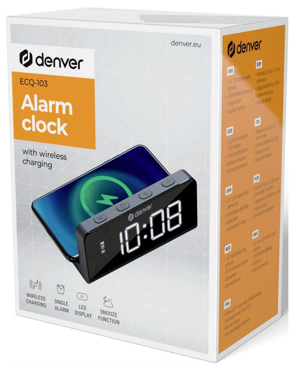 Das Bild zeigt eine Verpackung für einen 'Denver ECQ-103' Wecker mit drahtloser Ladefunktion, LED-Display, einzelner Alarmeinstellung und Snooze-Funktion.