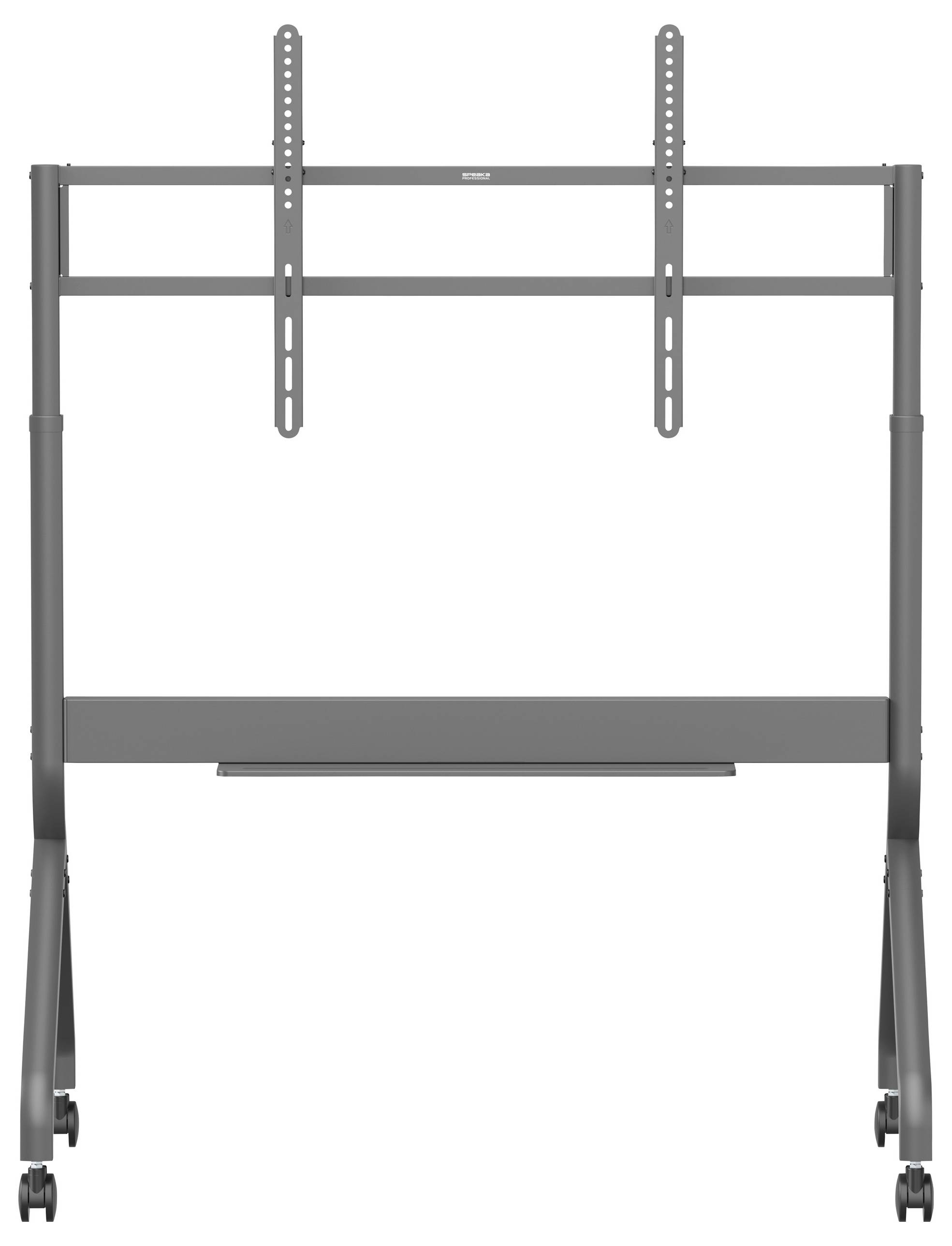 Mobiler TV-Ständer mit verstellbarer Höhenhalterung, vier Laufrollen für Mobilität und stabilem Metallrahmen, geeignet für Büros oder Klassenzimmer.
