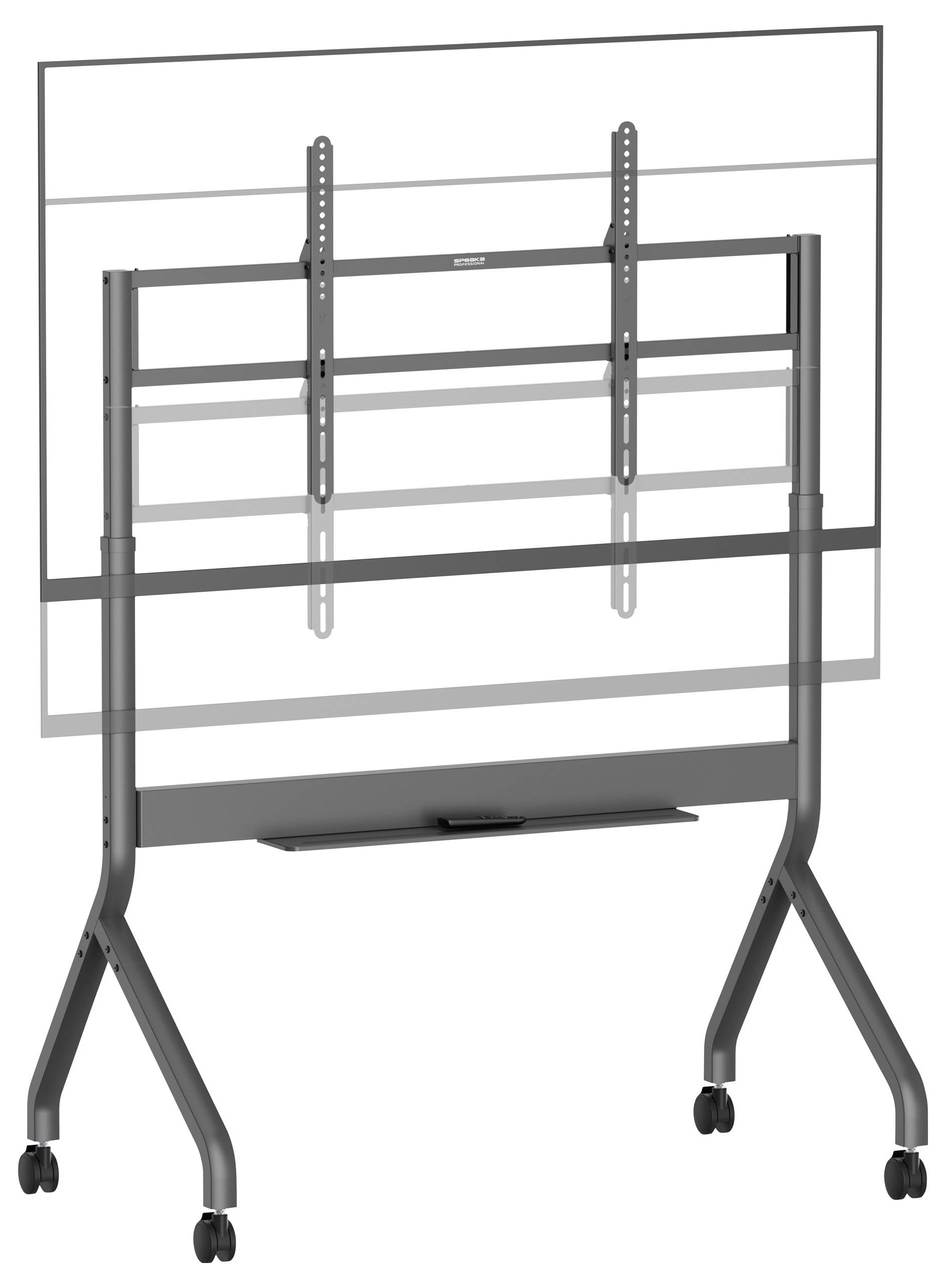 Mobiler TV-Ständer mit Rollen, höhenverstellbare Halterung und Ablage für Bildschirme, dargestellt mit skizzierter Bildschirmumrisskontur zur Veranschaulichung.