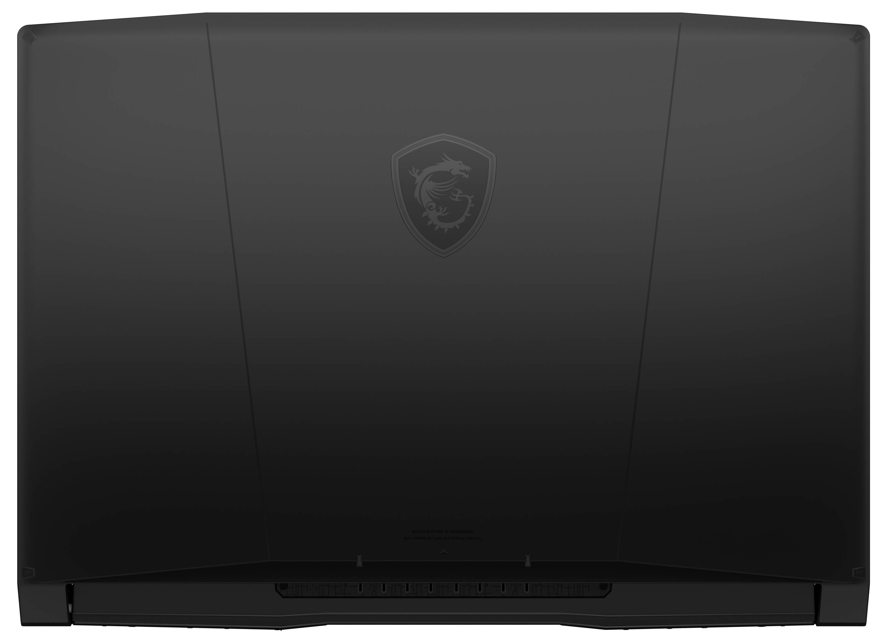 Geschlossener schwarzer Laptop, von hinten betrachtet, mit einem Logo mit einem Drachenemblem in der Mitte des Deckels.