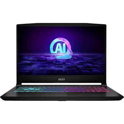 Ein schlankes Laptop, das ein leuchtendes 'KI'-Symbol auf dem Bildschirm zeigt, mit einer hell beleuchteten Tastatur in mehrfarbigen Nuancen.