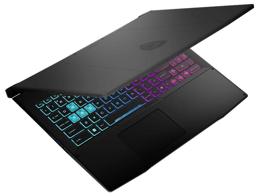 Ein schwarzer Laptop, teilweise geöffnet, mit einer bunten RGB-Hintergrundbeleuchteten Tastatur, die einen Farbverlauf von Blau nach Rosa zeigt, auf einem weißen Hintergrund.