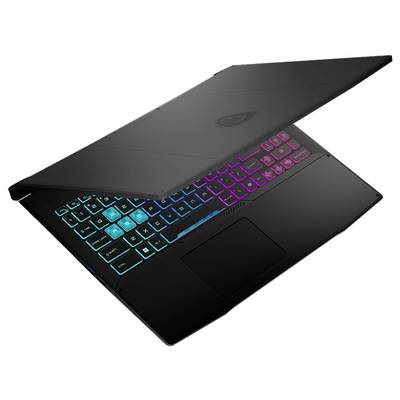 Ein schwarzer Laptop, teilweise geöffnet, mit einer bunten RGB-Hintergrundbeleuchteten Tastatur, die einen Farbverlauf von Blau nach Rosa zeigt, auf einem weißen Hintergrund.