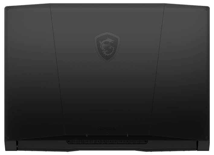 Ein geschlossener, schwarzer Laptop mit einem Drachen-Emblem auf dem Deckel, der einen Gaming-Laptop kennzeichnet, vor einem schlichten weißen Hintergrund.