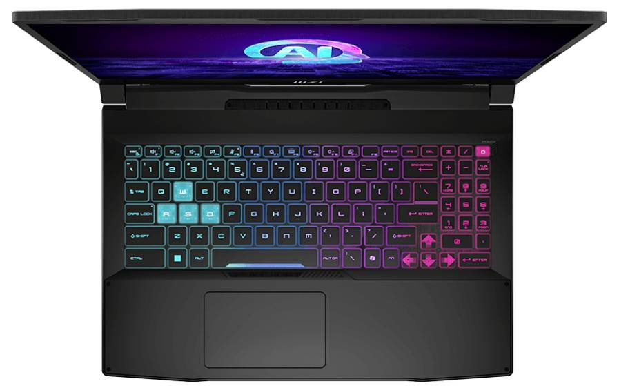 Ein schwarzer Laptop mit geöffnetem Deckel zeigt eine farbenfrohe beleuchtete Tastatur in einem Farbverlauf von Blau bis Rosa. Auf dem Bildschirm ist ein leuchtendes "AI"-Logo zu sehen.