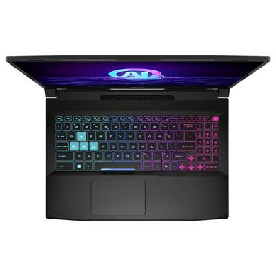 Ein schwarzer Laptop mit geöffnetem Deckel zeigt eine farbenfrohe beleuchtete Tastatur in einem Farbverlauf von Blau bis Rosa. Auf dem Bildschirm ist ein leuchtendes "AI"-Logo zu sehen.