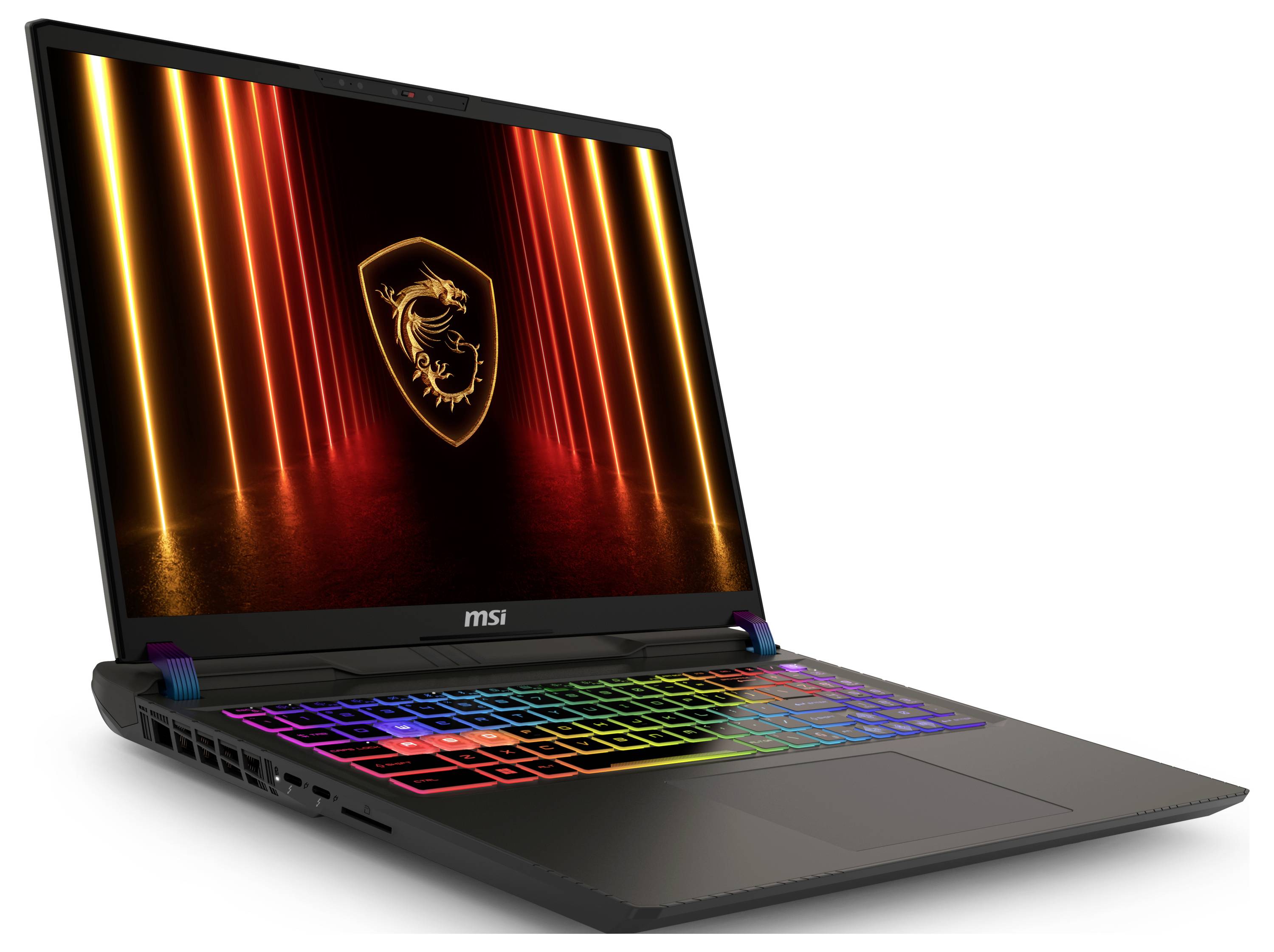 Ein Gaming-Laptop mit einer leuchtenden, mehrfarbigen Tastatur und einem Drachenlogo auf dem Bildschirm, umgeben von orangefarbenen vertikalen Lichtern.