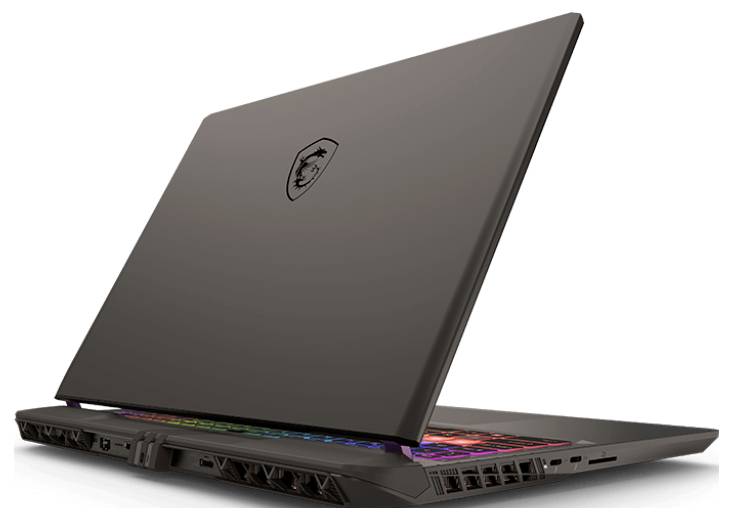 Ein Gaming-Laptop mit elegantem Design, teilweise geöffnet, der eine Regenbogen-beleuchtete Tastatur und ein Logo auf der Rückseite des Bildschirms zeigt.