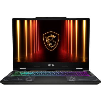 Ein Gaming-Laptop mit einer farbenfroh hinterleuchteten Tastatur zeigt ein Drachen-Logo auf dem Bildschirm, umgeben von glühenden orangefarbenen Linien.
