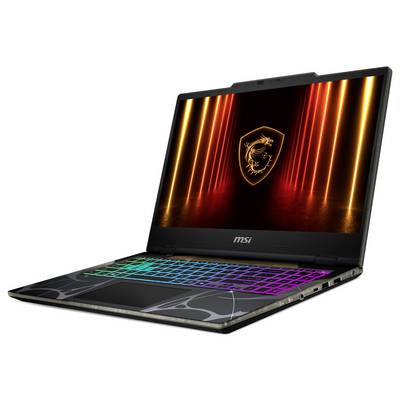 Geöffnetes MSI Gaming-Laptop mit einer leuchtenden, mehrfarbigen Tastatur und einem lebendigen Drachen-Logo auf dem Bildschirm, vor einem abstrakten orangefarbenen Lichtuntergrund.
