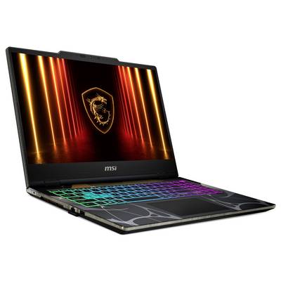 Ein schlankes Gaming-Laptop mit einem Drachen-Logo auf dem Bildschirm, mit einer regenbogenfarbig beleuchteten Tastatur, schräg geöffnet auf einem weißen Hintergrund.