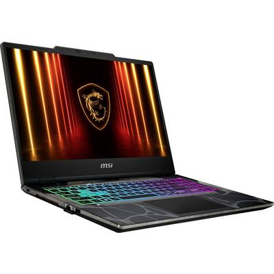 Ein Gaming-Laptop mit einer farbenfrohen beleuchteten Tastatur und einem Drachen-Emblem auf dem Bildschirm, vor einem orangefarbenen Hintergrund.