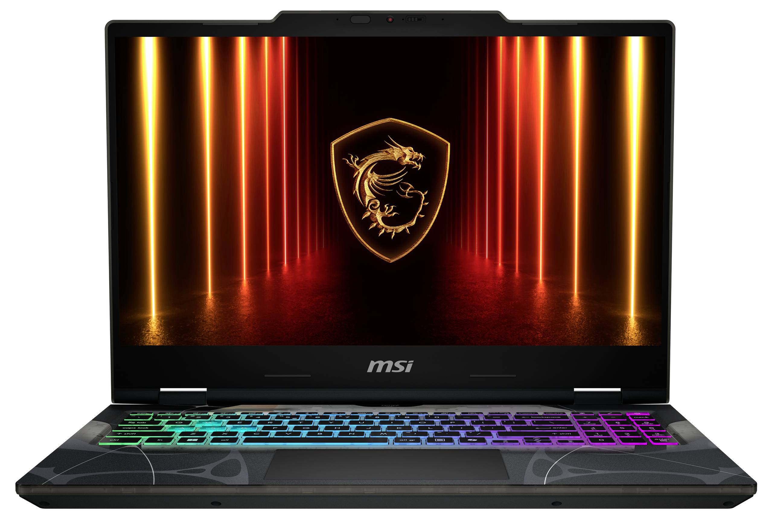 Laptop, auf dessen Bildschirm ein leuchtendes Schildlogo zu sehen ist. Die Tastatur ist mit mehrfarbiger Beleuchtung beleuchtet.