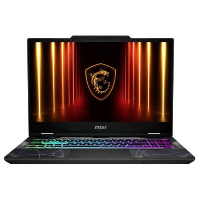 Laptop, auf dessen Bildschirm ein leuchtendes Schildlogo zu sehen ist. Die Tastatur ist mit mehrfarbiger Beleuchtung beleuchtet.