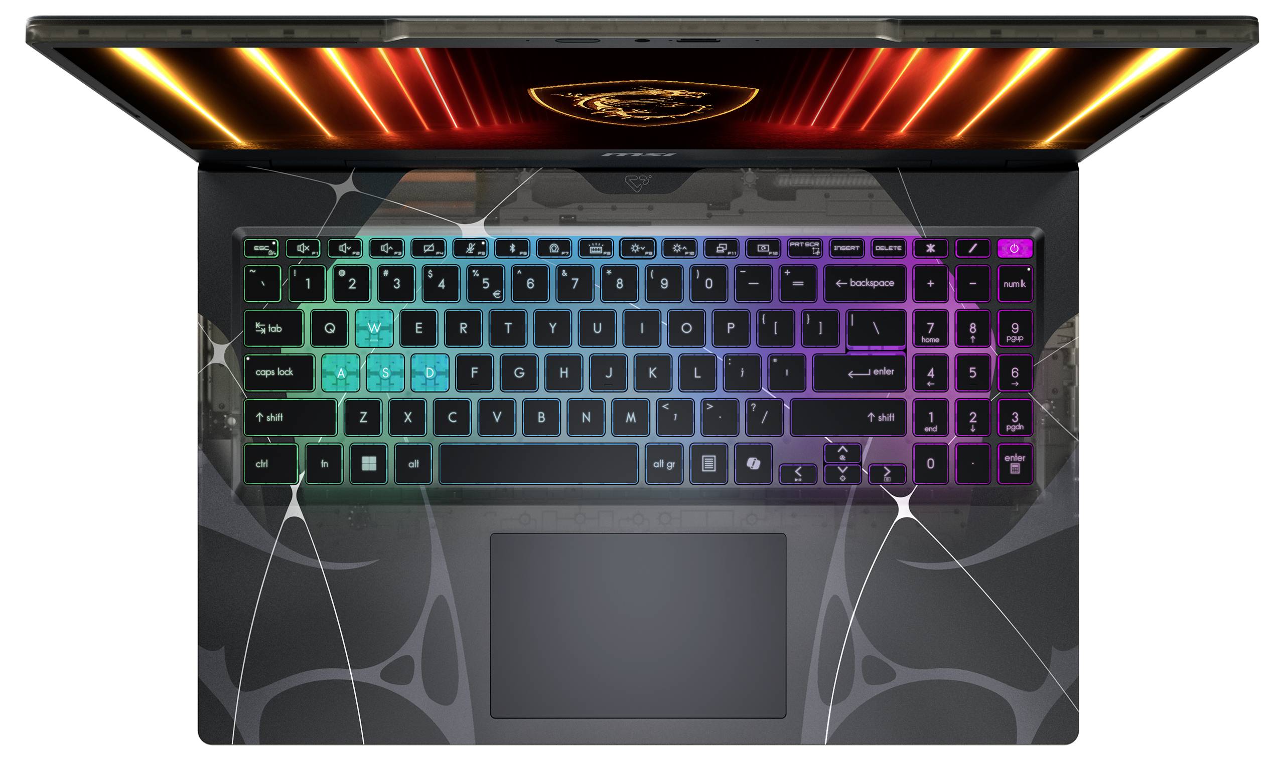 Eine lebendige Laptop-Tastatur mit farbenfroher Hintergrundbeleuchtung in Regenbogenfarben, von oben betrachtet. Der geöffnete Bildschirm leuchtet in orangefarbenem Licht.