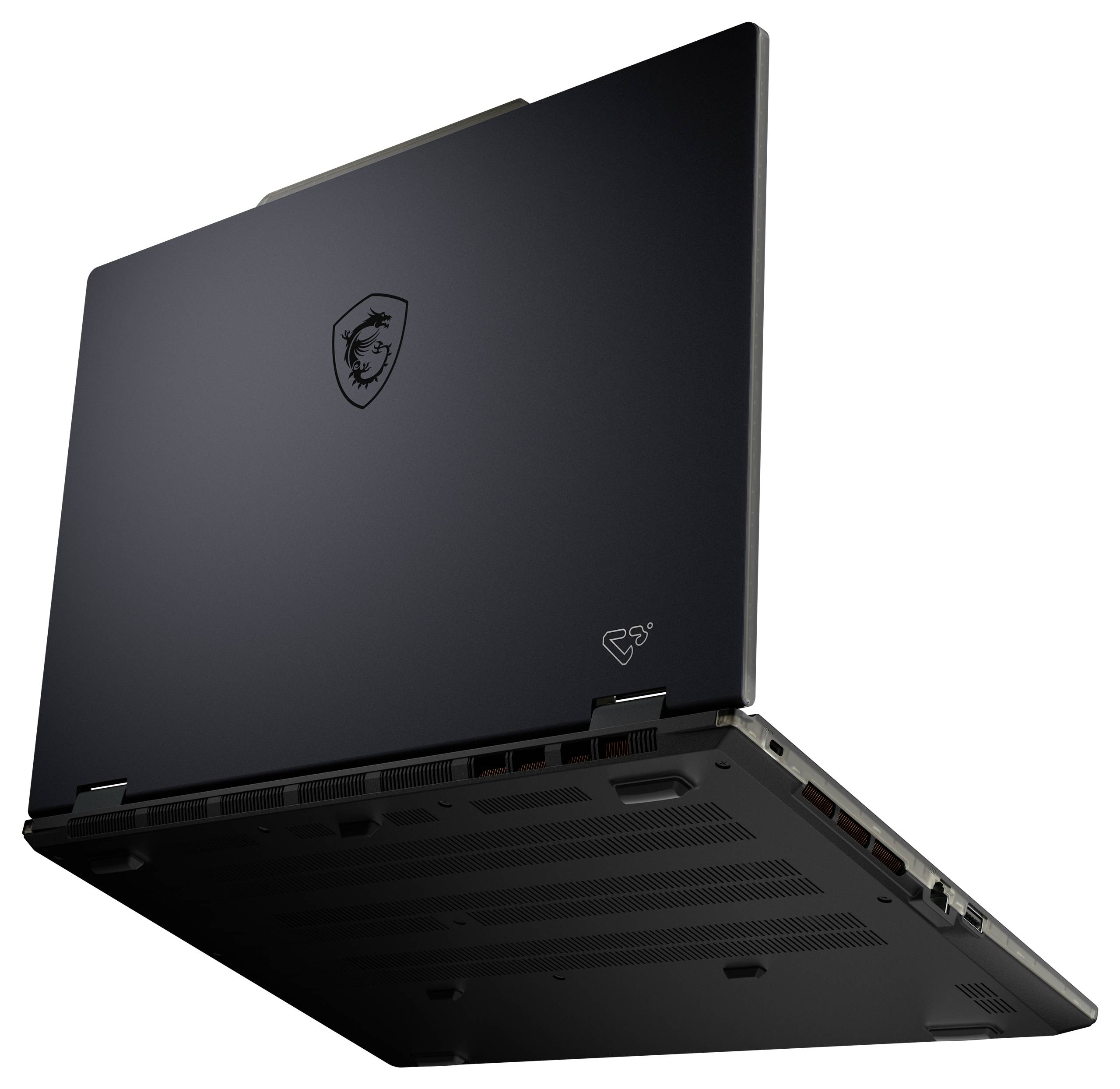 Ein schlanker schwarzer Laptop mit geschlossenem Deckel, auf dessen Rückseite ein dezentes Logo zu sehen ist. Scharniere und ein Teil der Tastaturablage sind sichtbar.