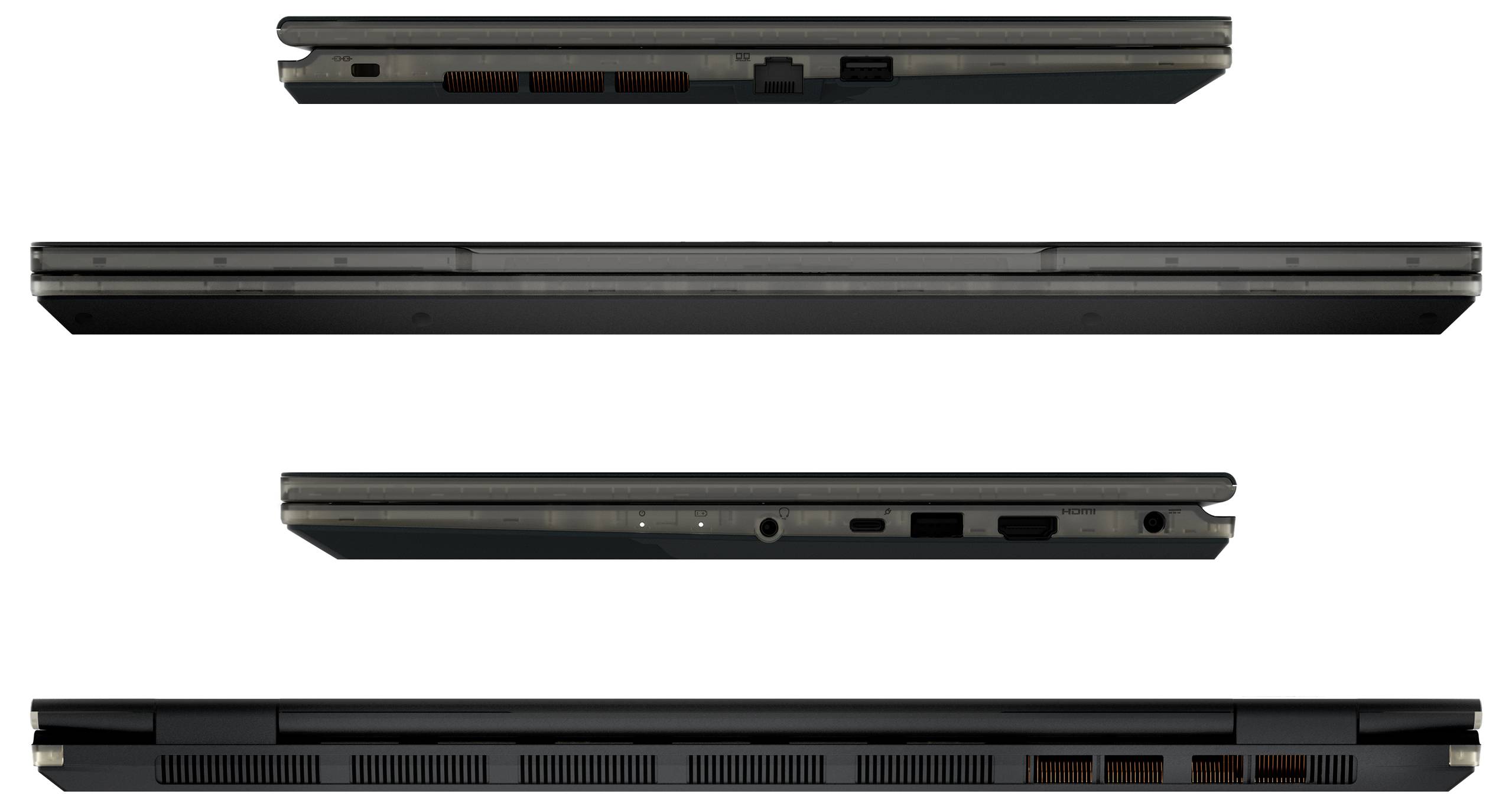 Seitenansichten eines geschlossenen Laptops, die seinen schlanken Profil, Anschlüsse und Belüftungsöffnungen zeigen.