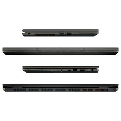Seitenansichten eines geschlossenen Laptops, die seinen schlanken Profil, Anschlüsse und Belüftungsöffnungen zeigen.
