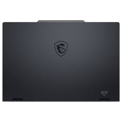 Ein Laptop mit einem geschlossenen, matten schwarzen Deckel, der ein stilisiertes Drachenlogo und ein kleines Recycling-Symbol in der Ecke trägt.