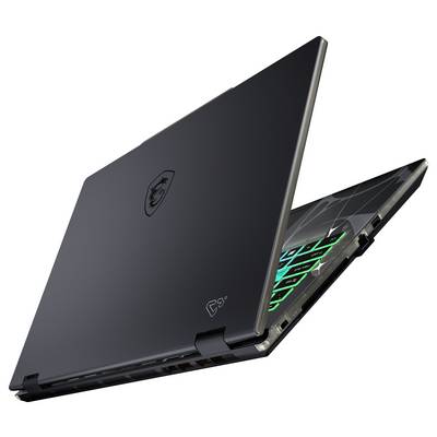 Ein teilweise geöffneter Laptop mit einer leuchtenden Tastatur. Das Gehäusedeckel ziert ein Logo mit einem Drachen. Das Design wirkt schlank und modern.