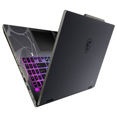 Ein teilweise geöffneter Laptop mit einer sichtbaren, beleuchteten Tastatur, die violette und rosa Lichter zeigt. Der Laptop hat ein schlankes schwarzes Design.