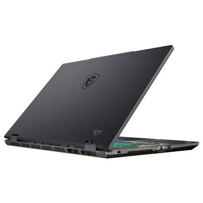 Ein schwarzer Laptop, teilweise von der Seite geöffnet, mit einem Logo auf dem Deckel und einer leuchtenden Tastatur.