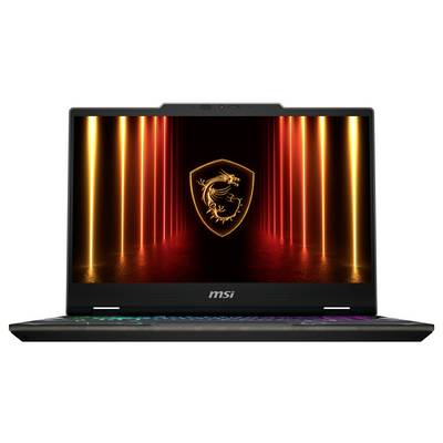 MSI-Laptop mit beleuchtetem rotem und orangefarbenem Drachenemblem auf dem Bildschirm, RGB-beleuchteter Tastatur, dunklem Hintergrund.
