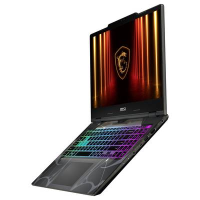 Ein Laptop mit einem teilweise geöffneten Bildschirm, auf dem ein leuchtend helleuchtender Schild-Logo zu sehen ist. Die Tastatur ist mit bunten LED-Lichtern beleuchtet.