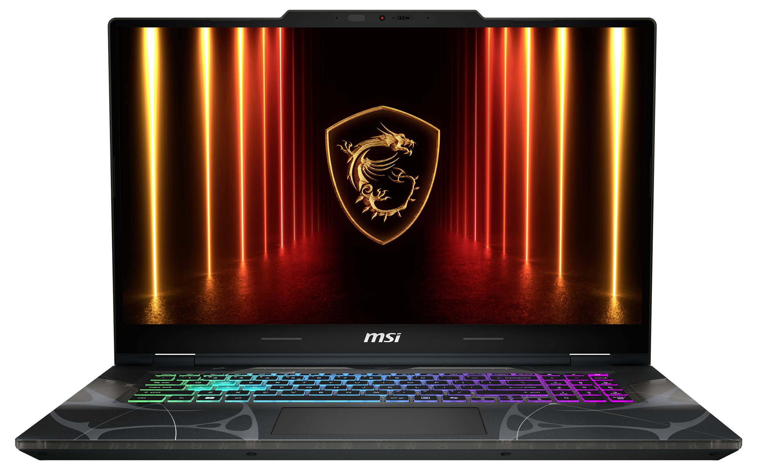 Ein Laptop, der ein Drachen-Emblem auf dem Bildschirm zeigt, umgeben von leuchtend orangefarbenen Lichtstreifen und einer Tastatur, die in verschiedenen Farben beleuchtet ist.