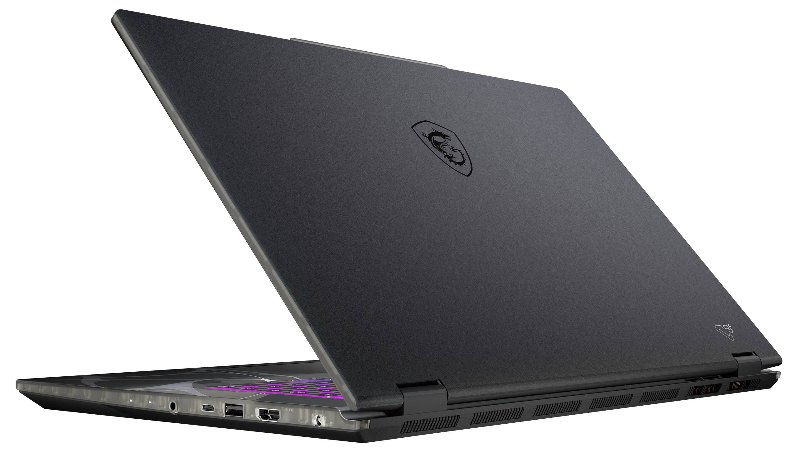 Ein schlanker, dunkler Laptop, von hinten leicht gewinkelt gezeigt. Der Laptopdeckel trägt ein dezentes Emblem. Mehrere Anschlüsse sind an der Seite sichtbar.