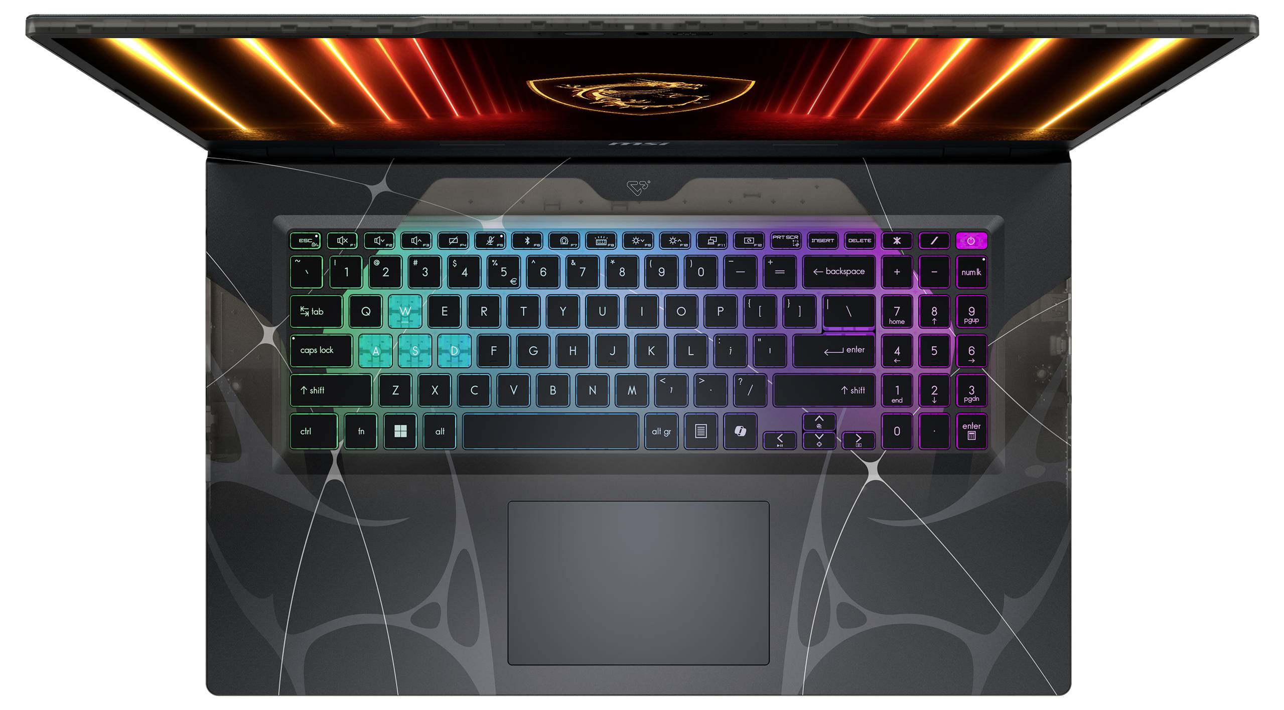Ein Laptop mit einer bunten beleuchteten Tastatur und einem leuchtenden Muster auf dem Bildschirm. Das Cover und das Touchpad weisen komplexe Designs auf.