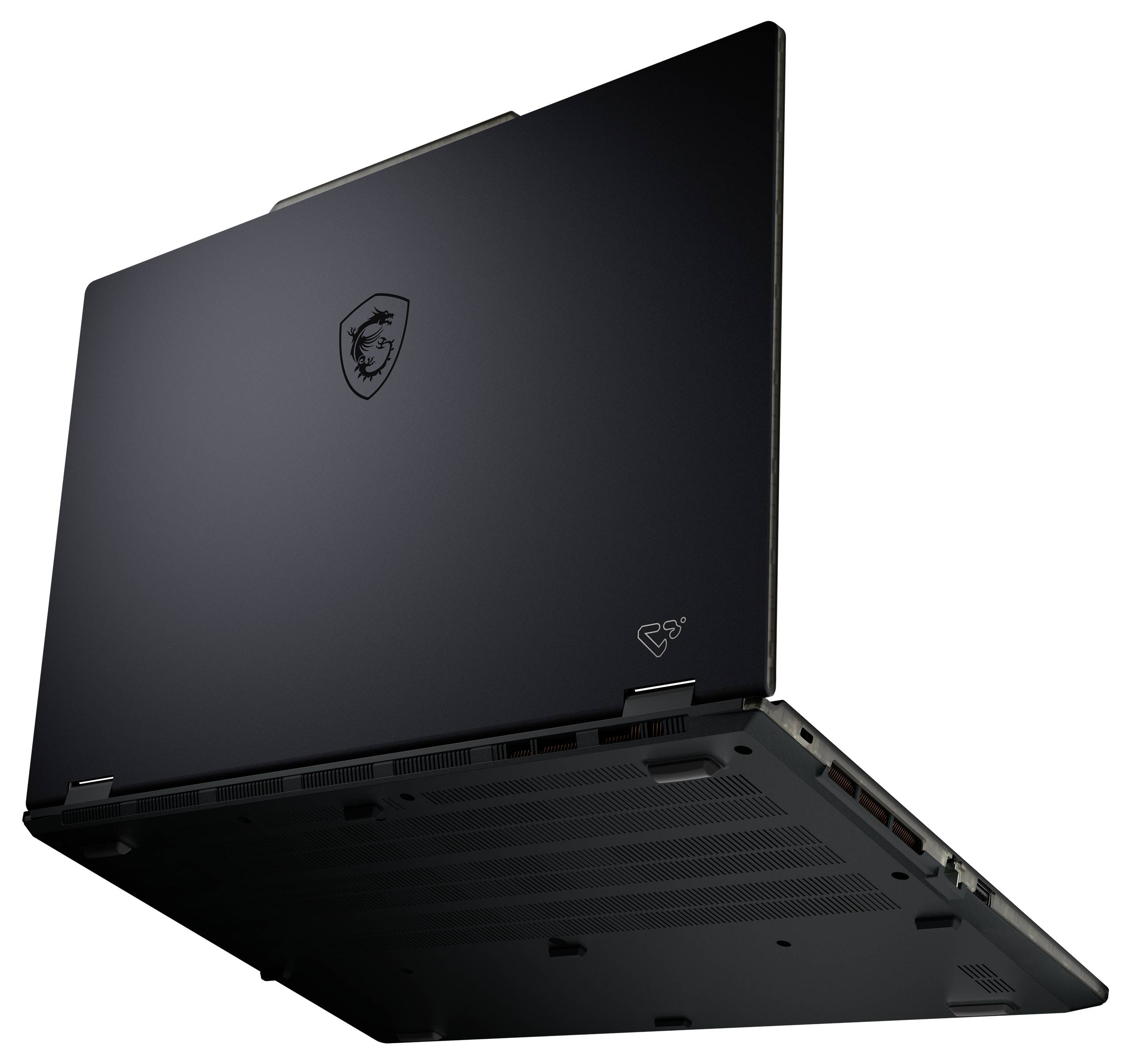 Ein schlanker, schwarzer Laptop mit einem Drachen-Emblem auf dem Deckel, von hinten und leicht geöffnet, der ein modernes Design präsentiert.