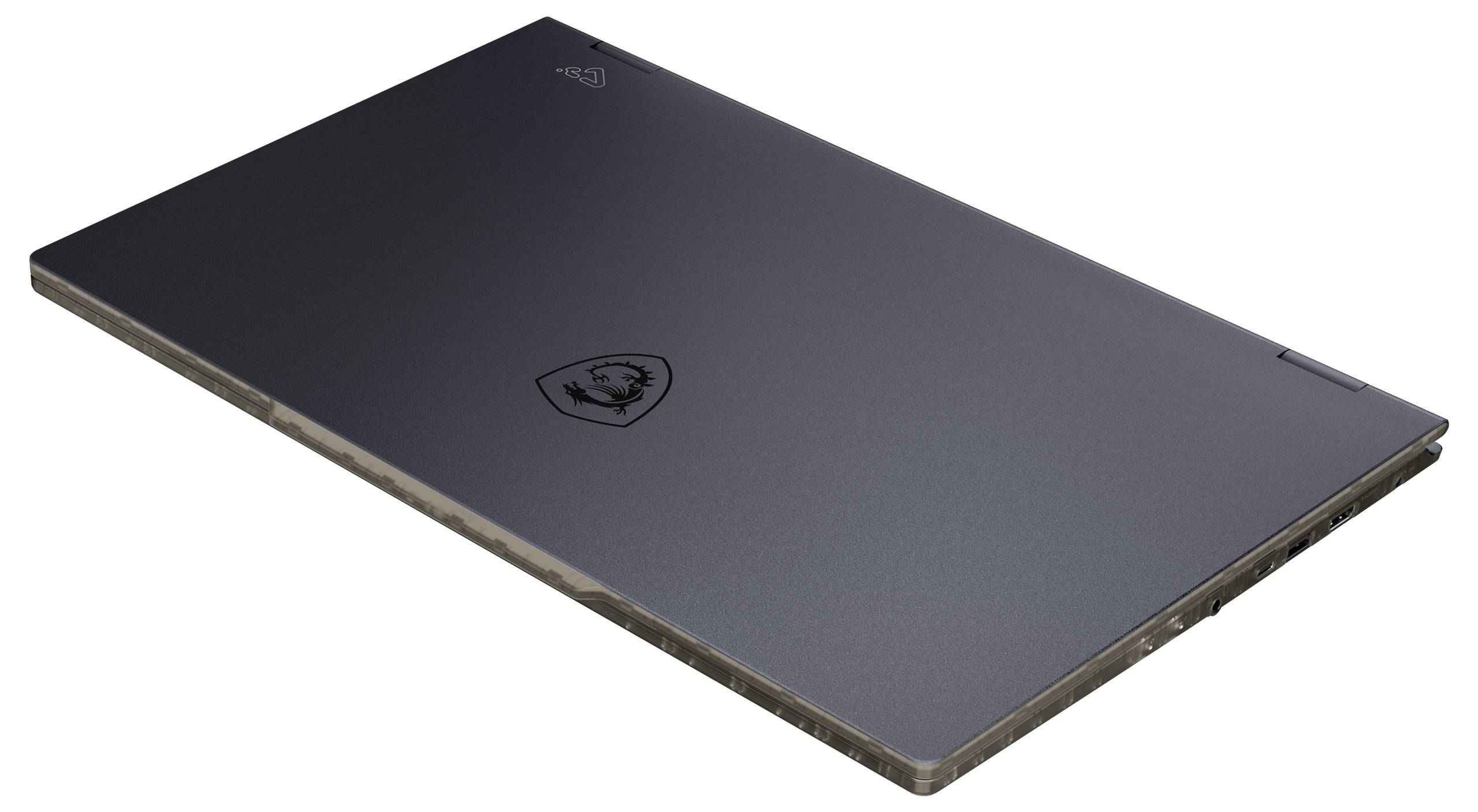 Ein geschlossener, dünner schwarzer Laptop mit einem Logo auf der Oberseite, leicht gewinkelt, der ein schlankes, modernes Design zeigt.