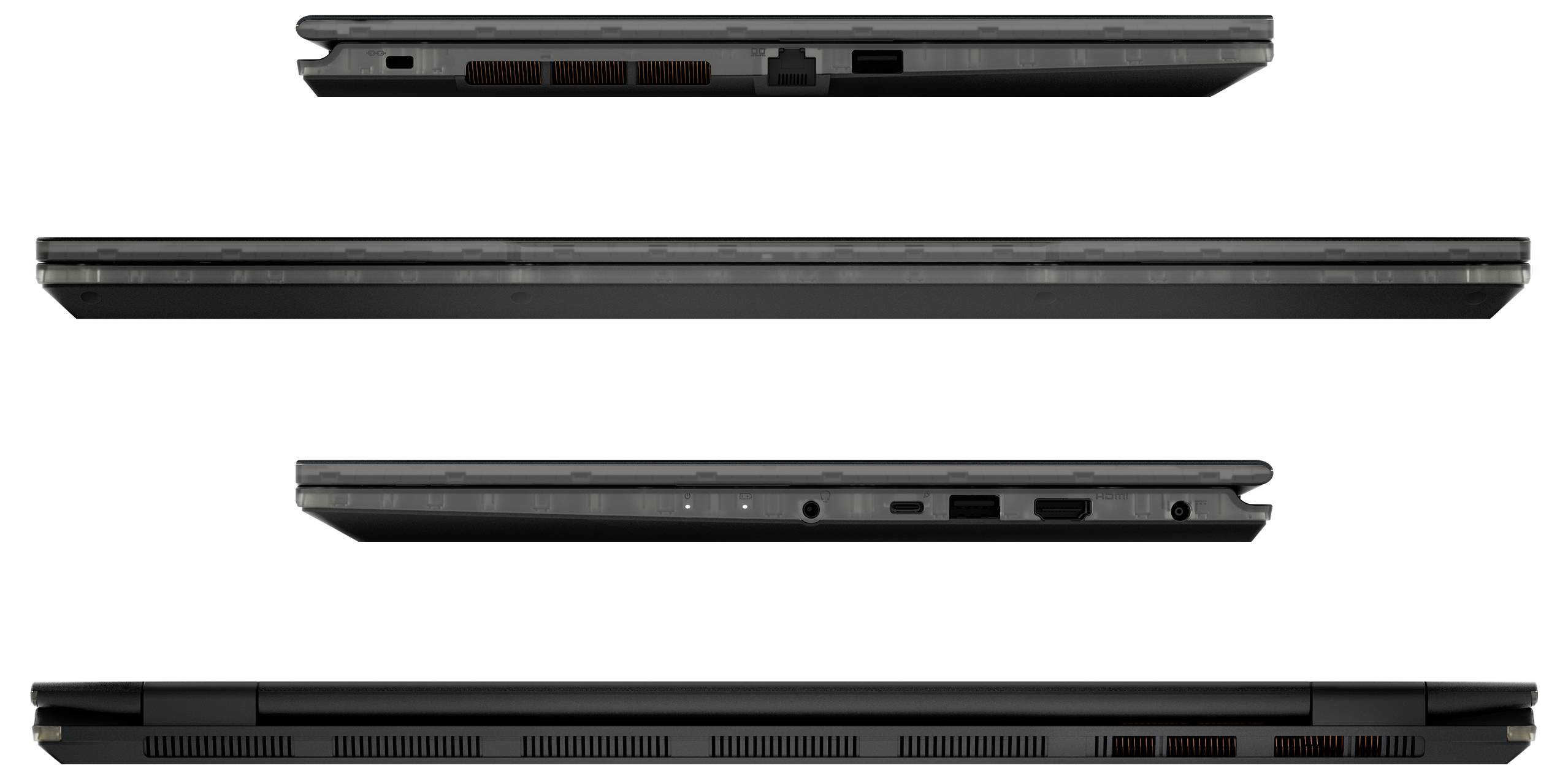 Laptop-Seitenansichten gezeigt: oben, unten, links und rechts. Anschlüsse und Belüftung sichtbar, einschließlich USB-Ports, Audioeingang und Lüftungsgittern.