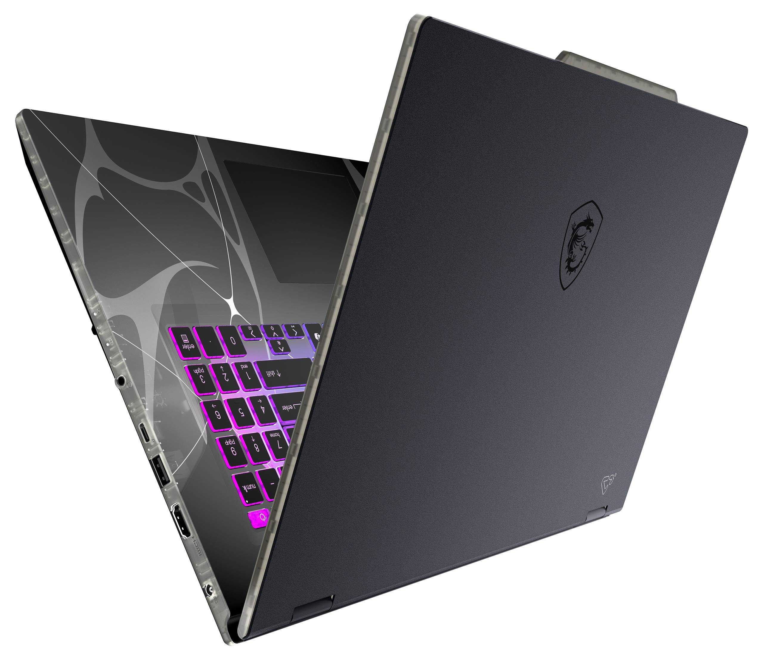 Ein schlankes Laptop, teilweise geöffnet, mit einer leuchtend violetten Tastatur, dunkler Außenhülle mit einem dezenten Logo und sichtbaren Anschlüssen an der Seite.