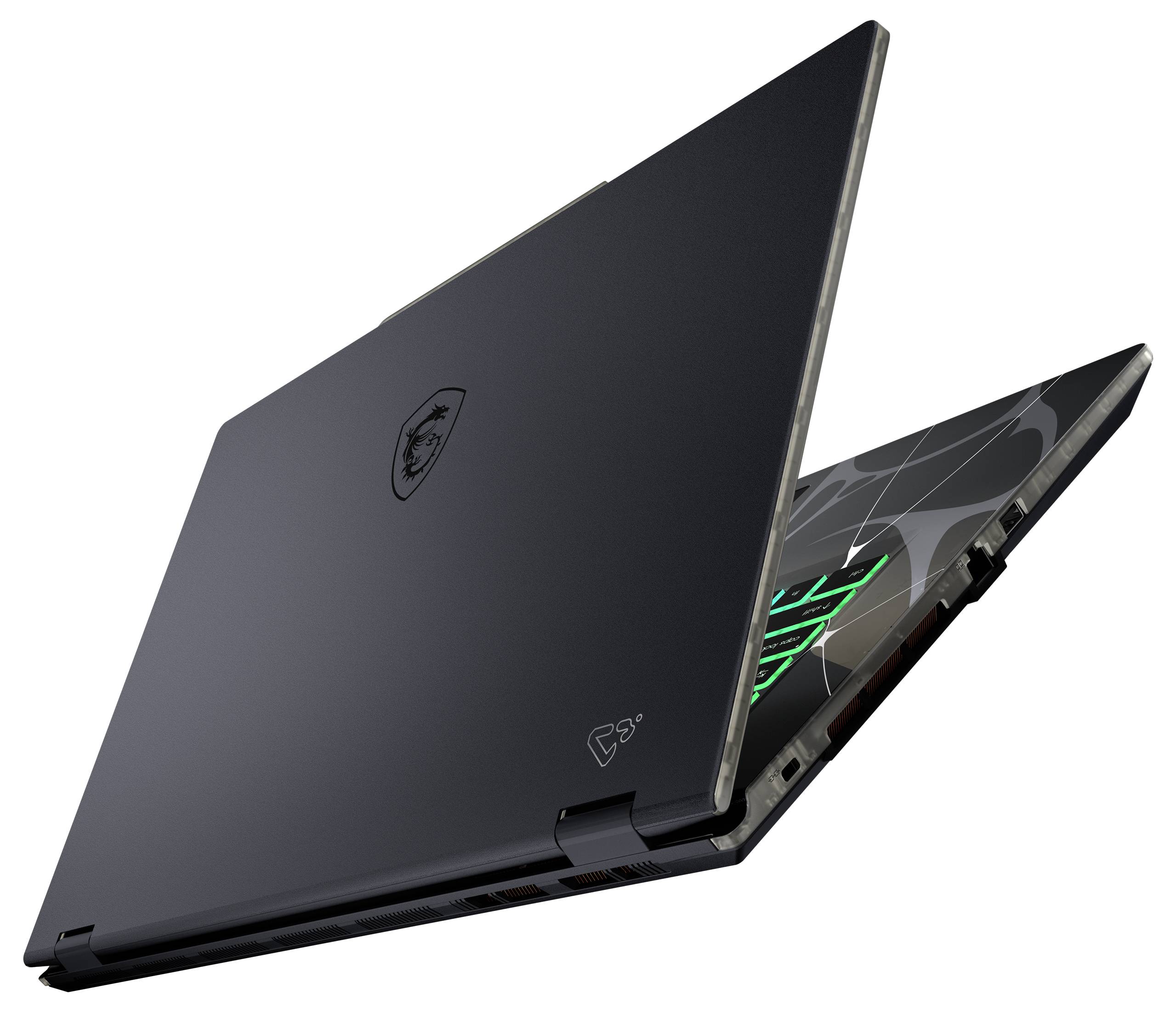 Ein teilweise geöffneter Gaming-Laptop mit elegantem schwarzem Design und grünen Akzenten auf der Tastatur, mit einem Logo auf dem Deckel.