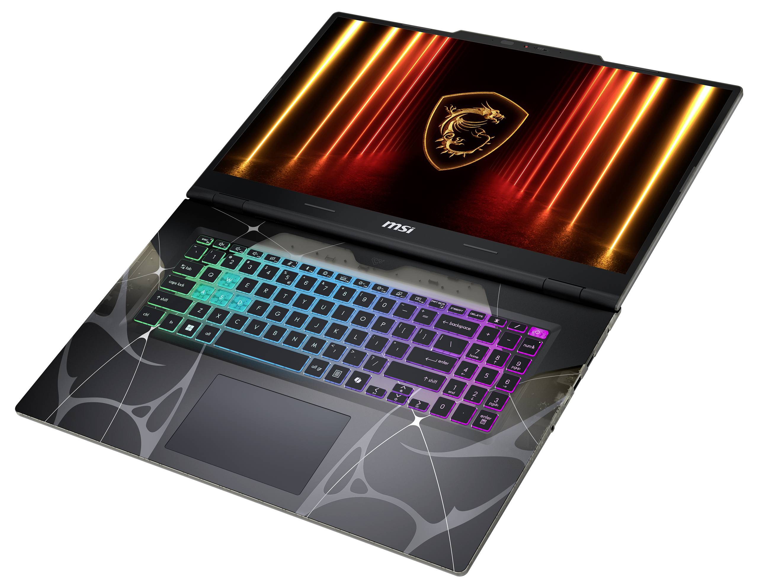 Gaming-Laptop mit einem leuchtenden Logo auf dem Bildschirm und einer farbenfroh beleuchteten Tastatur, die ein abstraktes Design präsentiert.
