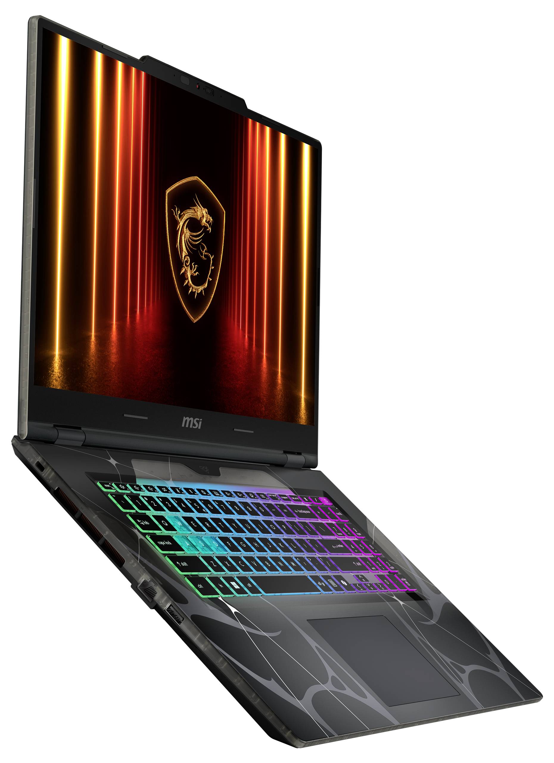 Ein schlankes Gaming-Laptop mit RGB-Tastatur, ausgestattet mit einem Schild- und Drachen-Emblem auf einem leuchtend orangefarbenen Bildschirm.