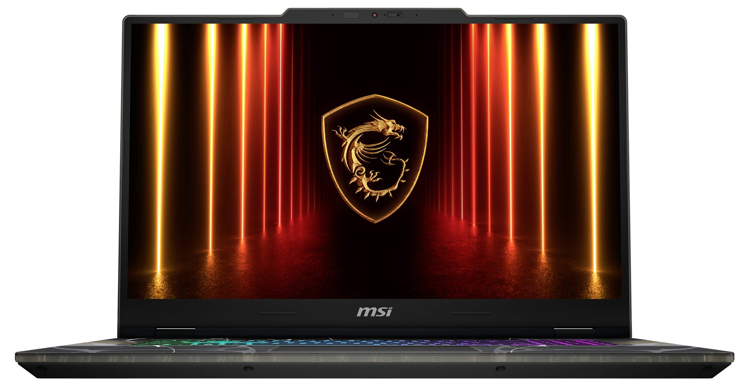 Laptop mit leuchtenden orange-roten LED-Lichtern auf dem Bildschirm und einem Drachen-Emblem. Die Tastatur ist mit mehrfarbigen Lichtern beleuchtet.
