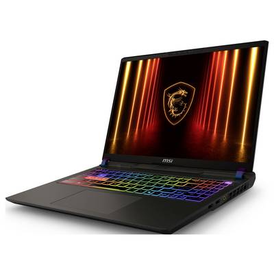Ein Laptop mit einer leuchtenden RGB-Tastatur und einem Bildschirm, der ein feuriges Drachenemblem vor einem dunklen Hintergrund zeigt.