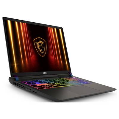 Ein schlankes Gaming-Laptop mit einer beleuchteten Tastatur und einem leuchtenden Drachen-Emblem auf dem Bildschirm, positioniert auf einer reflektierenden Oberfläche.