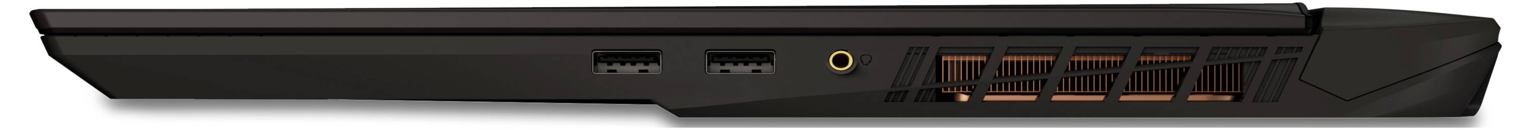 Seitenansicht eines Laptops mit zwei USB-Anschlüssen, einem Kopfhöreranschluss und einem sichtbaren Lüftungsgitter.